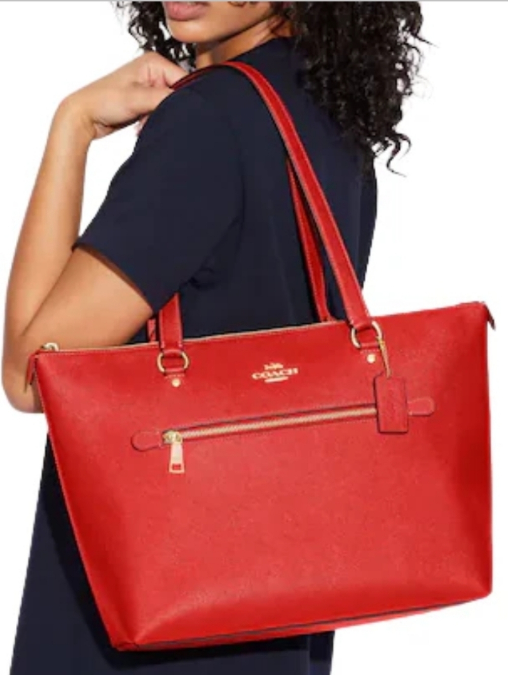 Coach Gallery Tote- Red Leather Structured Shoulder Bag with Front Zip Pocket